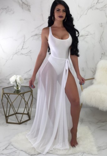 Bodysuit feminino sexy com decote em U branco com alças sem costas e malha longa capa de praia atacado roupas de 2 peças
