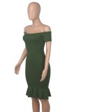 Summer Women Elegant Green Off Shoulder Slim Bodycon Mermaid Midi Dress