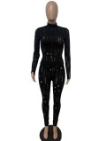 Spring Sexy Black Hollow Out High Neck Long Sleeve Top And Pant Wholesale 2 Piece Sets
