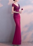 Spring Women Elegant Purplish Red Rhinestone Beaded V Neck Short Sleeve Slit Formal Cocktail Evening Dress