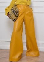 Pantaloni a gamba larga in ecopelle gialla a vita alta moda donna primavera