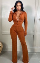 Primavera mujer naranja cuello vuelto abotonado blusa fruncida de manga larga y pantalones anchos al por mayor conjuntos de dos piezas