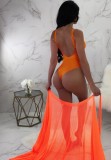 Summer Women Sexy Orange U Neck Backless Straps Holidays Bodysuit and Long Mesh Beach Cover Up Wholesale 2 Piece Outfits