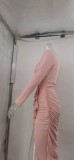 Spring Women Sexy Pink Plunge V Neck Long Sleeve Ruched Ruffled Slit Midi Dress
