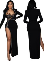 Spring Women Sexy White Lace See Through Straps Bodysuit and Long Sleeve Beaded Slit Long Dress Two Piece Set