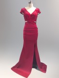 Spring Women Elegant Red Rhinestone Beaded V Neck Short Sleeve Slit Formal Cocktail Evening Dress