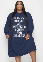 Spring Plus Size Casual Blue Letter Pring Long Sleeve With Hood Midi Dress