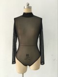 Spring Sexy Black High Neck Long Sleeve See Through Bodysuit
