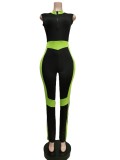 Spring Women Green Color Blocking Round Neck Sleeveless Zipper Up Fitness Jumpsuit