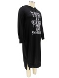 Spring Plus Size Casual Black Letter Pring Long Sleeve With Hood Midi Dress