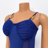 Summer Sexy Blue Straps Sleeveless Mesh See Through Bodycon Dress