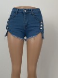 Summer Women Sexy Blue Denim Low Waist Button Irregular Jeans Shorts