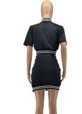 Summer Fashion Black Sport Baseball Short Sleeve Crop Top And Slit Skirt Wholesale Womens 2 Piece Sets