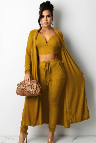 Spring Yellow Knit Crop Top And Pants With Matching Cardigans 3 Piece Set
