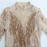 Winter Gold Sequined Long Sleeves Cut Out Fringe Party Dress