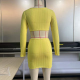 Fall Sexy Yellow Bandage Collar Long Sleeve Bodycon Dress