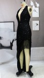 Women Summer Black Sexy Deep-V Sleeveless Irregular Sequins Evening Dress