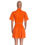 Women Summer Orange Crop Top and Pleated High Waist Skirt Two Piece Set