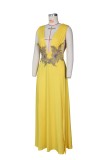 Women Summer Yellow Deep-V Sleeveless High Slit Applique Evening Dress