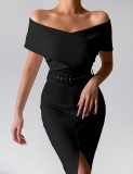 Women Spring Black Formal Strapless Front Slit Belted Midi Party Dress