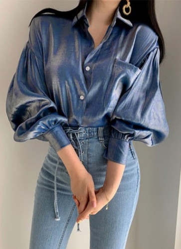 Women Spring Blue Puff Sleeve Pocketed Formal Blouse