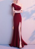 Women Summer Burgunry Formal One Shoulder Shoulder High Slit Mermaid Evening Dress