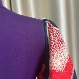 Spring Elegant Purple Contrast Print Half Puffed Sleeve Slit Bodycon Dress