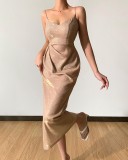 Frauen Sommer Gold Sparkly Side Slit Strap Langes Partykleid