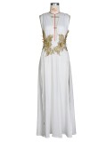 Women Summer White Deep-V Sleeveless High Slit Applique Evening Dress
