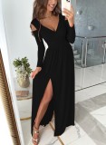 Women Spring Black Long Sleeves V-Neck Slit Long Evening Dress