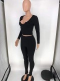 Women Spring Black Ribbed Tight Fitting Crop Top and High Waist Pants Two Piece Set