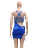 Women Summer Blue Velvet Cut Out Sexy Beaded Cross Back Club Dress