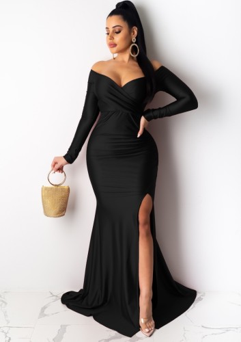 Женское весеннее черное сексуальное вечернее платье с длинным рукавом и разрезом по бокам