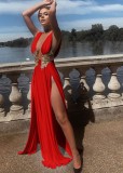 Women Summer Red Deep-V Sleeveless High Slit Applique Evening Dress