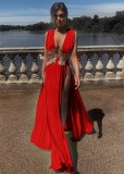 Women Summer Red Deep-V Sleeveless High Slit Applique Evening Dress