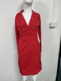 Fall Elegant Red V-neck Long Sleeve Professional Midi Dress