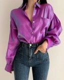 Women Spring Purple Puff Sleeve Pocketed Formal Blouse
