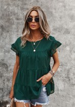 Blusa de gasa con cuello redondo y manga corta verde de verano para mujer