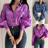 Women Spring Blue Puff Sleeve Pocketed Formal Blouse