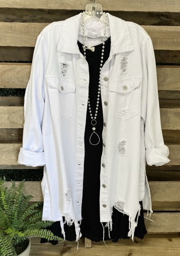 Camisa feminina de manga comprida rasgada branca primavera