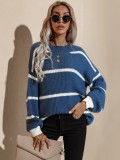 Women Spring Blue Striped Pullover Loose Sweaters