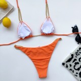 Women Orange Sexy Metal Chains Micro Two-Piece Swimwear