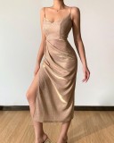 Frauen Sommer Gold Sparkly Side Slit Strap Langes Partykleid