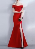 Vestido de noche de sirena con abertura alta y hombros descubiertos rojo formal de verano para mujer