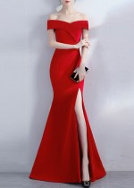 Vestido de noche de sirena con abertura alta y hombros descubiertos rojo formal de verano para mujer