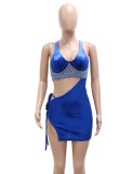 Women Summer Blue Velvet Cut Out Sexy Beaded Cross Back Club Dress