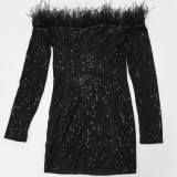 Women Spring Black Sequins Off Shoulder Feather Bodycon Plus Size Club Dress