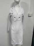Fall Elegant White V-neck Long Sleeve Professional Midi Dress