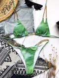 Women Green Tie Dye Sexy Metal Chains Micro Two-Piece Swimwear