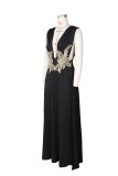 Women Summer Black Deep-V Sleeveless High Slit Applique Evening Dress